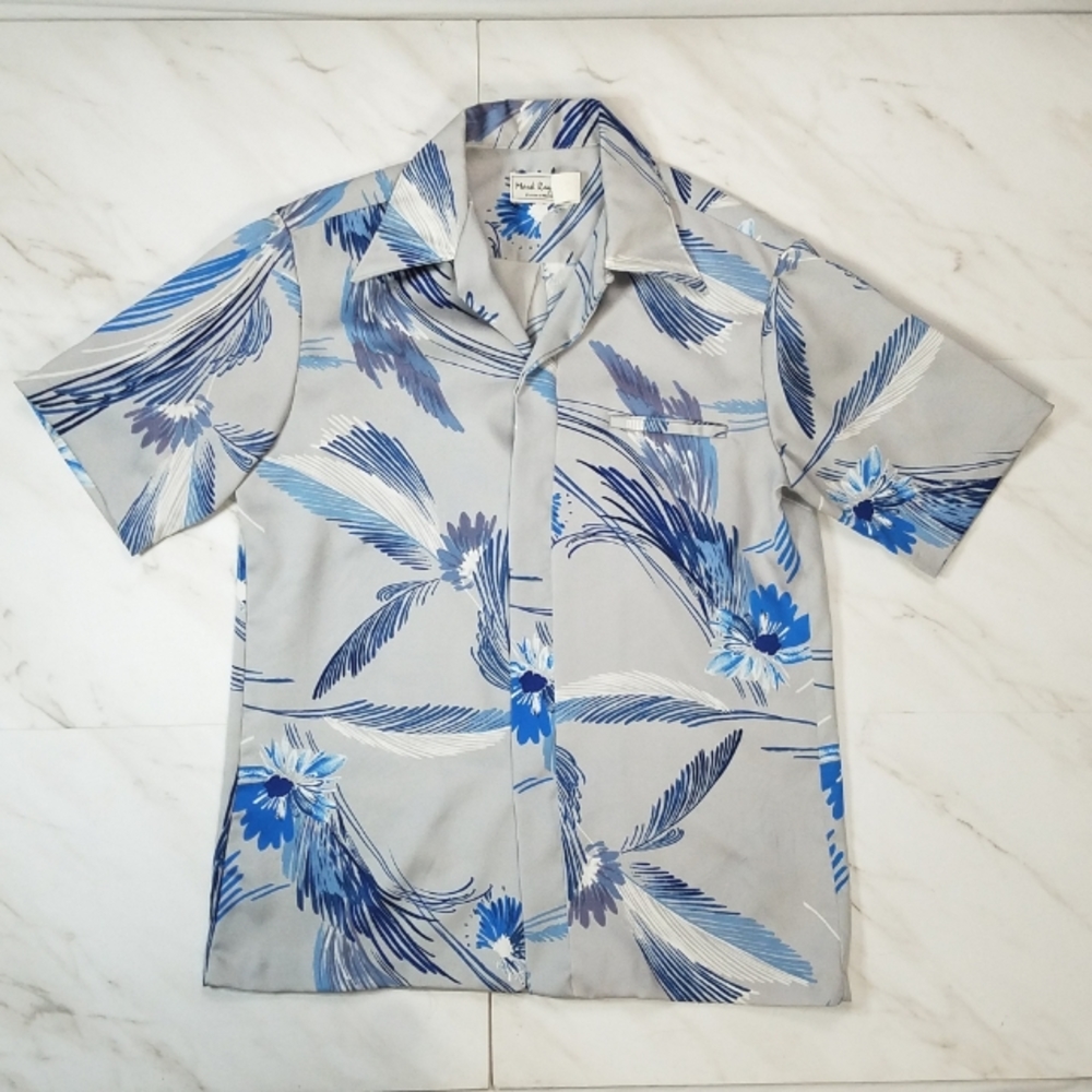 Vintage Rare Mark Raysten Division Of Malihini 90s Blue Silver Floral Camp Club